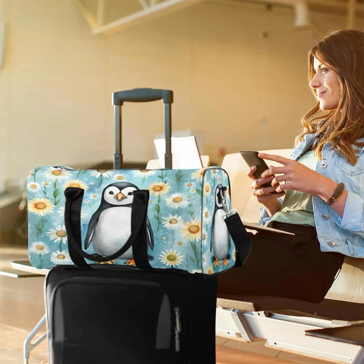 Travel Duffel Bag for Men & Women, Foldable Sports Gym Bag Tote Bag with Adjustable Shoulder Straps,Cute Penguin Daisy Print Overnight Weekender Carry On Bag for Workout, Yoga, Swimming