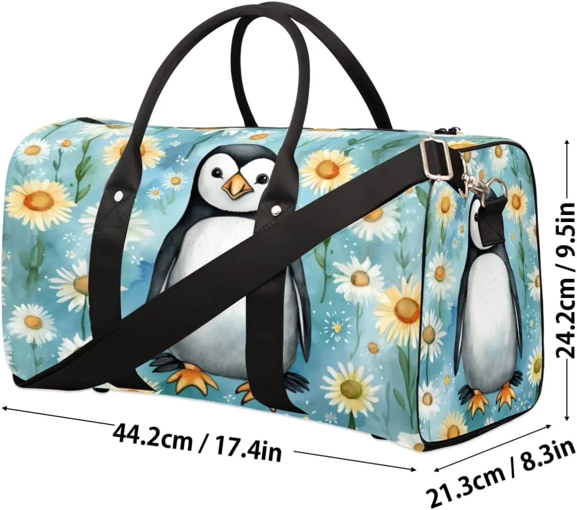Travel Duffel Bag for Men & Women, Foldable Sports Gym Bag Tote Bag with Adjustable Shoulder Straps,Cute Penguin Daisy Print Overnight Weekender Carry On Bag for Workout, Yoga, Swimming