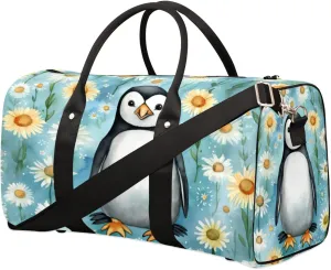 Travel Duffel Bag for Men & Women, Foldable Sports Gym Bag Tote Bag with Adjustable Shoulder Straps,Cute Penguin Daisy Print Overnight Weekender Carry On Bag for Workout, Yoga, Swimming