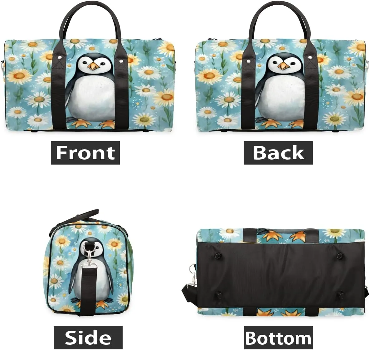Travel Duffel Bag for Men & Women, Foldable Sports Gym Bag Tote Bag with Adjustable Shoulder Straps,Cute Penguin Daisy Print Overnight Weekender Carry On Bag for Workout, Yoga, Swimming