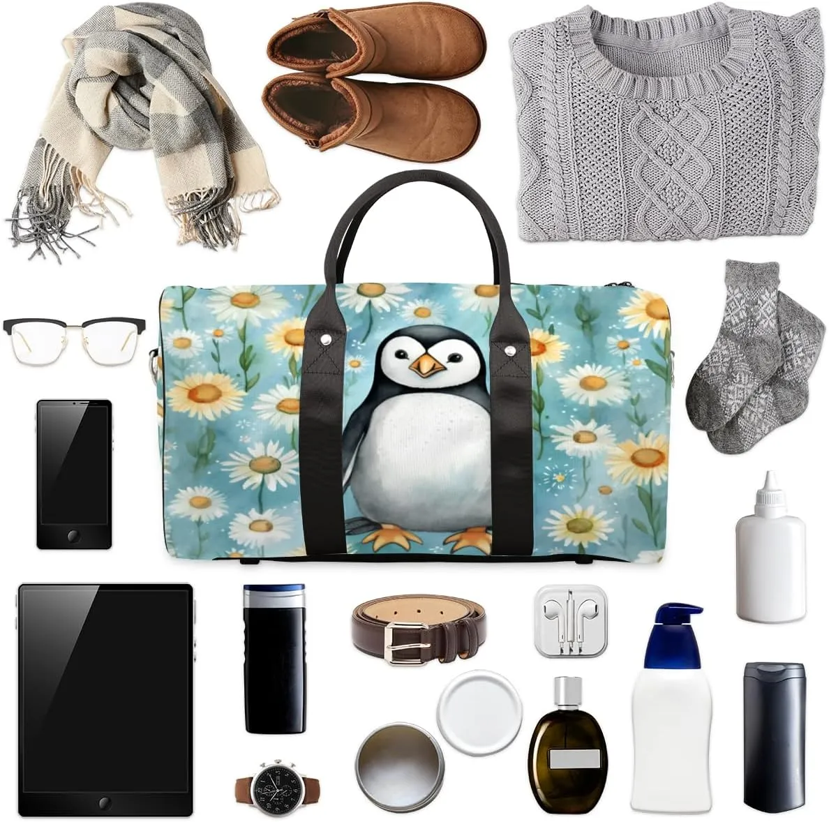 Travel Duffel Bag for Men & Women, Foldable Sports Gym Bag Tote Bag with Adjustable Shoulder Straps,Cute Penguin Daisy Print Overnight Weekender Carry On Bag for Workout, Yoga, Swimming