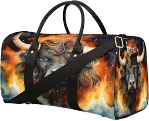 Travel Duffel Bag for Men & Women, Foldable Sports Gym Bag Tote Bag with Adjustable Shoulder Straps,Fire Animal Cattle Watercolor Overnight Weekender Carry On Bag for Workout, Yoga, Swimming