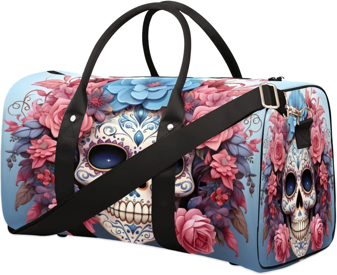 Travel Duffel Bag for Men & Women, Foldable Sports Gym Bag Tote Bag with Adjustable Shoulder Straps,Flower Blue And White Porcelain Skull Overnight Weekender Carry On Bag for Workout, Yoga, Swimming