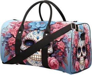 Travel Duffel Bag for Men & Women, Foldable Sports Gym Bag Tote Bag with Adjustable Shoulder Straps,Flower Blue And White Porcelain Skull Overnight Weekender Carry On Bag for Workout, Yoga, Swimming