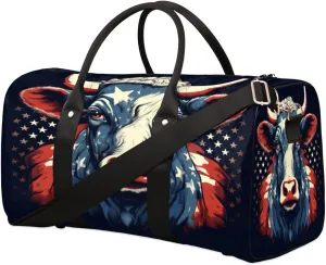 Travel Duffel Bag for Men & Women, Foldable Sports Gym Bag Tote Bag with Adjustable Shoulder Straps,Fuuny American Flag Cattle Overnight Weekender Carry On Bag for Workout, Yoga, Swimming