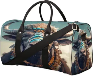 Travel Duffel Bag for Men & Women, Foldable Sports Gym Bag Tote Bag with Adjustable Shoulder Straps,Retro Ethnic Tribe Cattle Animal Overnight Weekender Carry On Bag for Workout, Yoga, Swimming