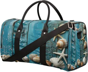 Travel Duffel Bag for Men & Women, Foldable Sports Gym Bag Tote Bag with Adjustable Shoulder Straps,Shell Ocean Wooden Board Overnight Weekender Carry On Bag for Workout, Yoga, Swimming