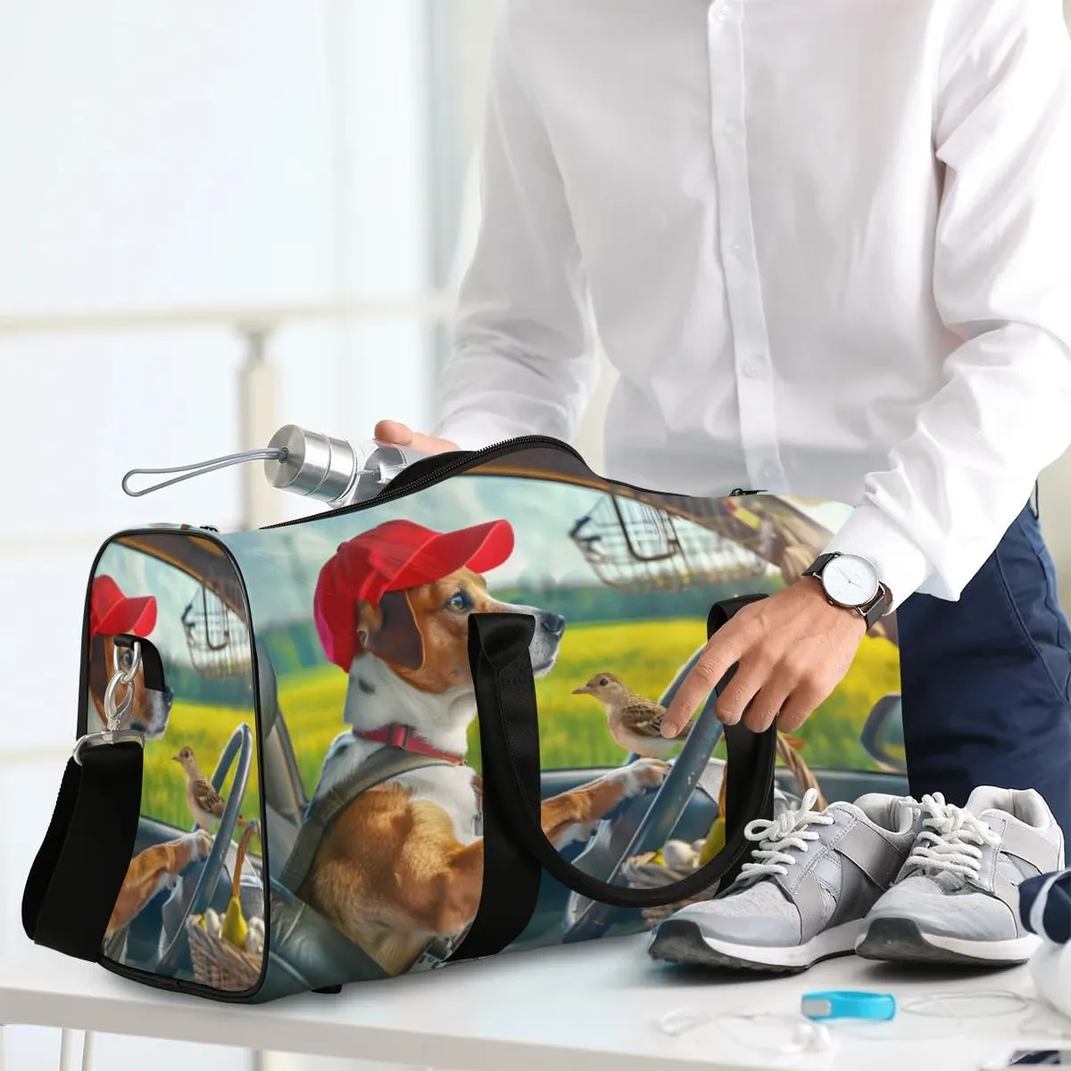 Travel Duffel Bag, Funny Animal Dog Driving Sports Tote Gym Bag Foldable Western Aztec Weekender Bag Carry on Luggage Handle Bag Overnight Shoulder Bag for Women Men,A-1879