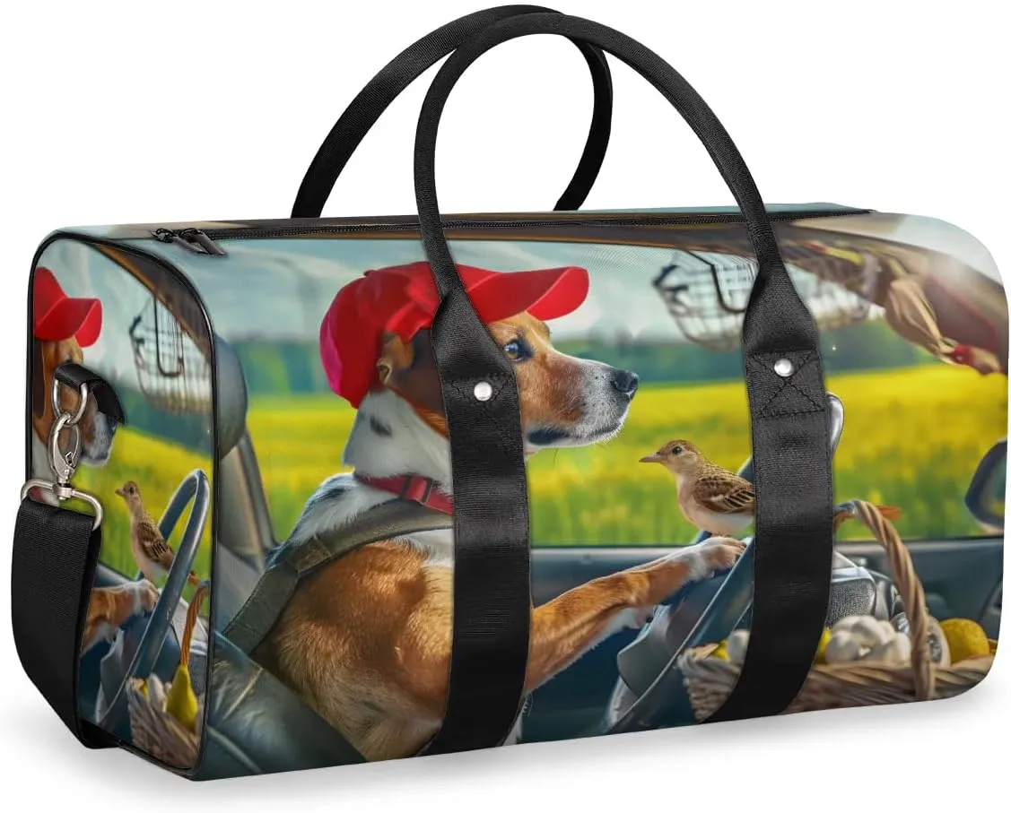 Travel Duffel Bag, Funny Animal Dog Driving Sports Tote Gym Bag Foldable Western Aztec Weekender Bag Carry on Luggage Handle Bag Overnight Shoulder Bag for Women Men,A-1879