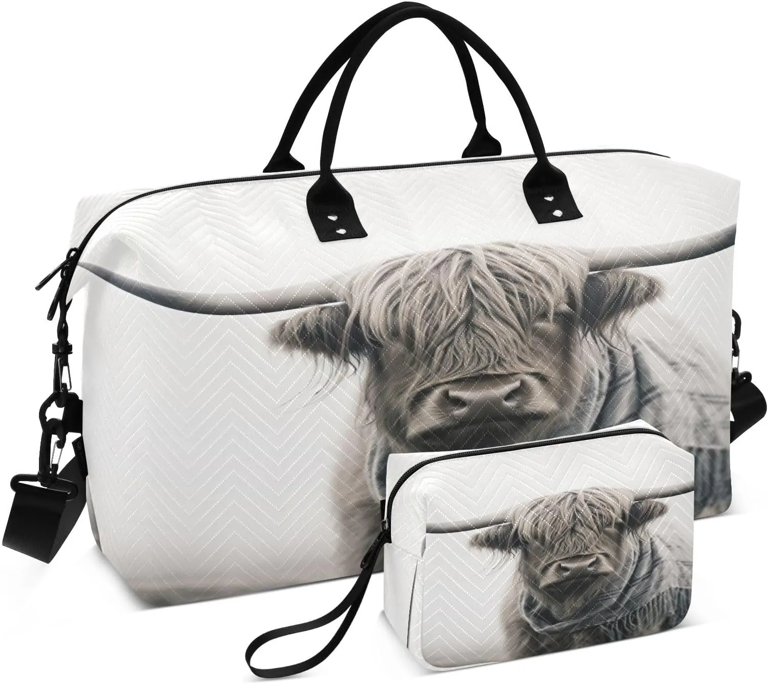 Travel Duffel Bag Large Weekender Overnight Bags for Women Men, Highland Cattle Gray Gym Bag with Toiletry Bag