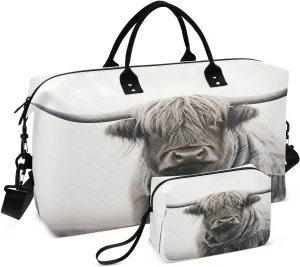 Travel Duffel Bag Large Weekender Overnight Bags for Women Men, Highland Cattle Gray Gym Bag with Toiletry Bag