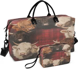 Travel Duffel Bag Large Weekender Overnight Bags for Women Men, Highland Cattle Gym Bag with Toiletry Bag