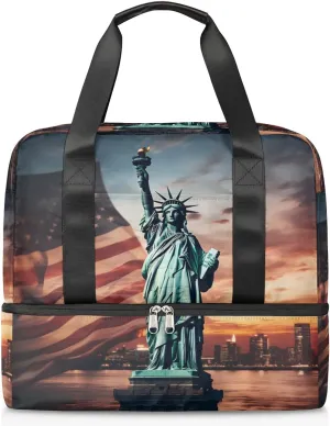 Travel Duffel Bags Flag Statue of Liberty Sports Gym Bag with Wet Pocket & Shoes Compartment Large Duffel Bags Waterproof Overnight Bag Weekender Bags for Women Men
