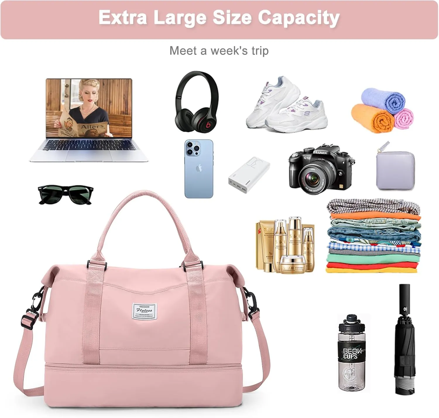 Travel Duffel Bag,Sports Tote Gym Bag,Shoulder Weekender Overnight Bag for Women