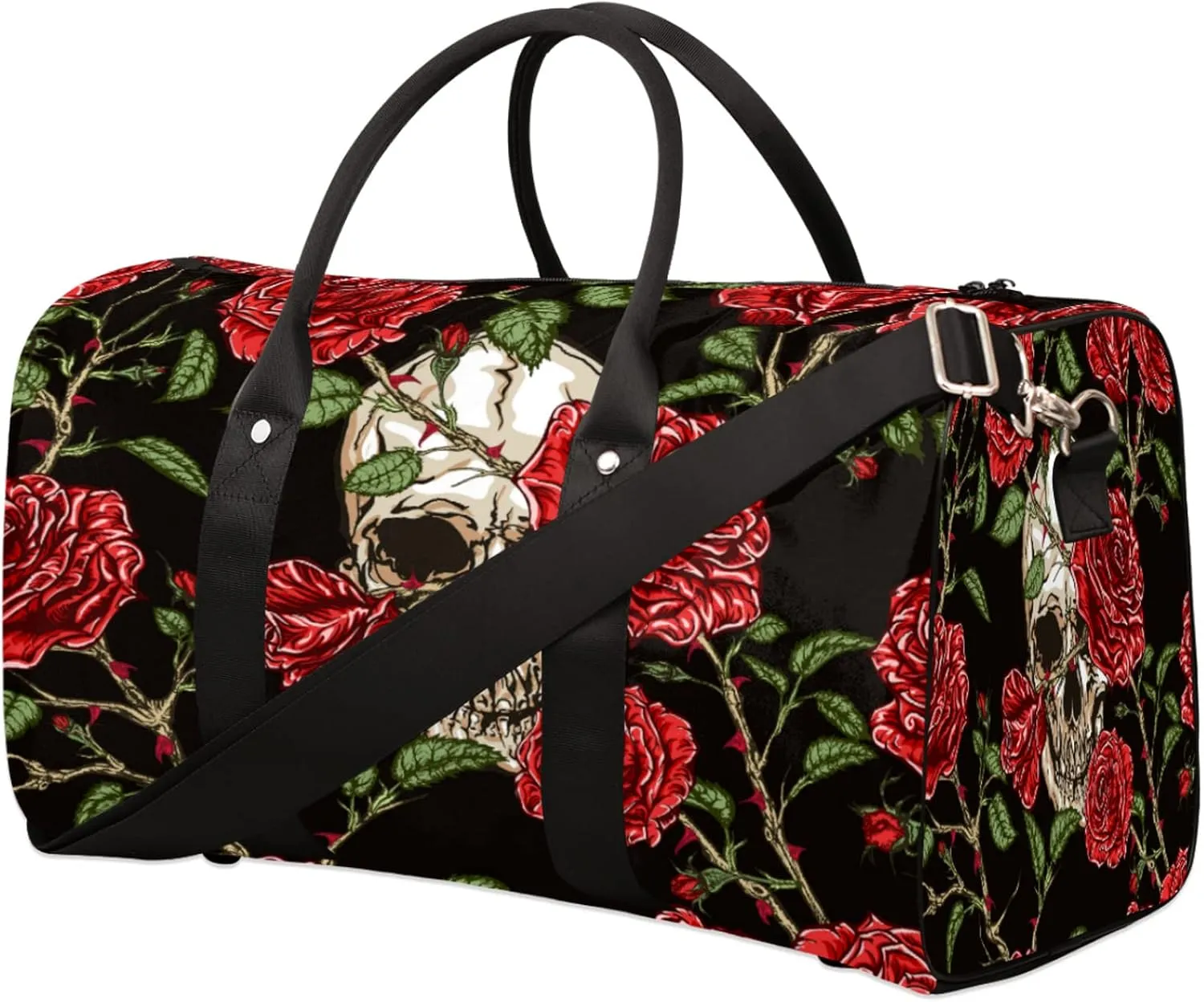 Travel Duffel, Sugar Skull Rose Sports Tote Gym Foldable Weekender Workout Carry-on Luggage Handle Overnight Shoulder Bag for Women Men