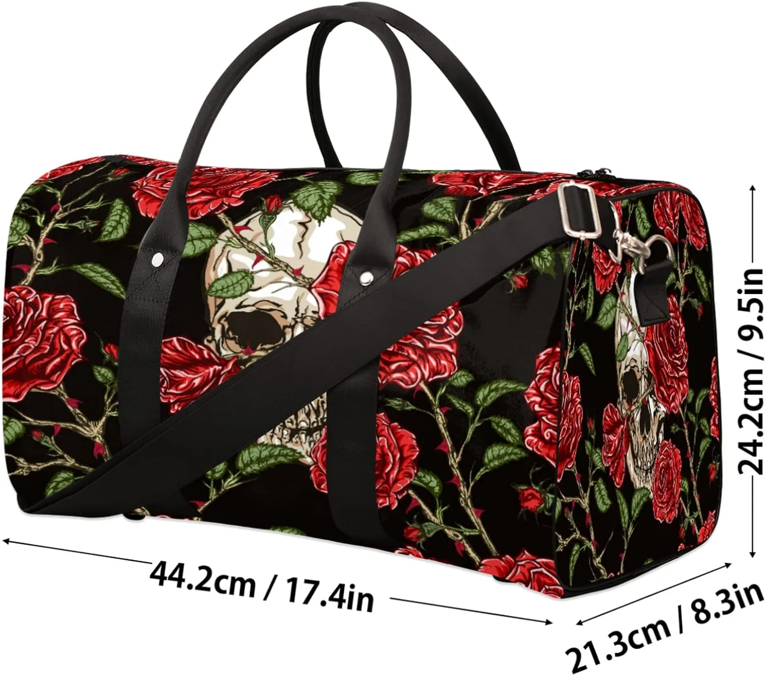 Travel Duffel, Sugar Skull Rose Sports Tote Gym Foldable Weekender Workout Carry-on Luggage Handle Overnight Shoulder Bag for Women Men