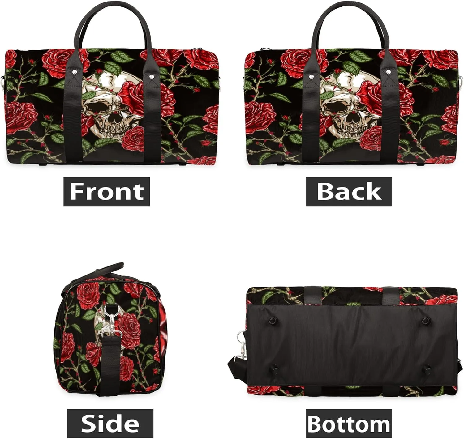 Travel Duffel, Sugar Skull Rose Sports Tote Gym Foldable Weekender Workout Carry-on Luggage Handle Overnight Shoulder Bag for Women Men