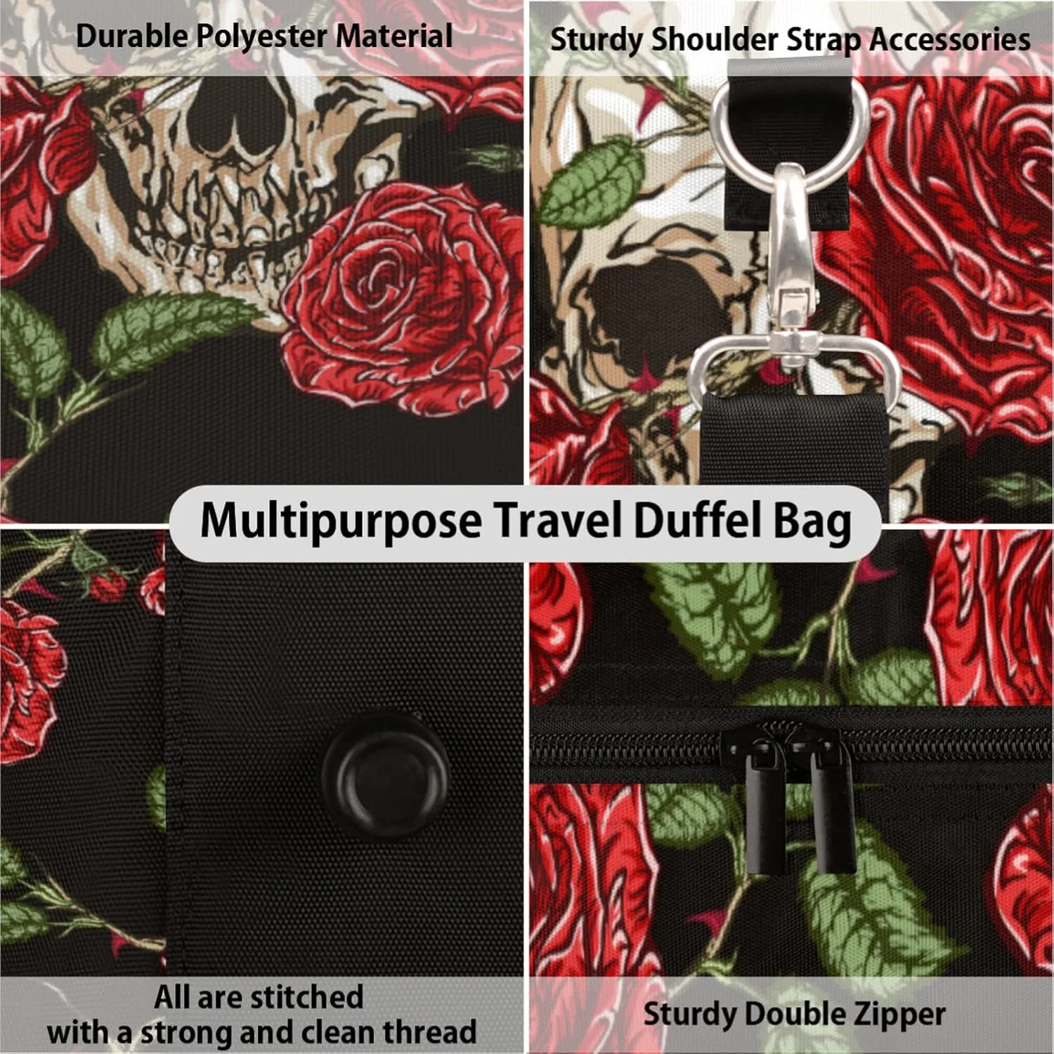 Travel Duffel, Sugar Skull Rose Sports Tote Gym Foldable Weekender Workout Carry-on Luggage Handle Overnight Shoulder Bag for Women Men
