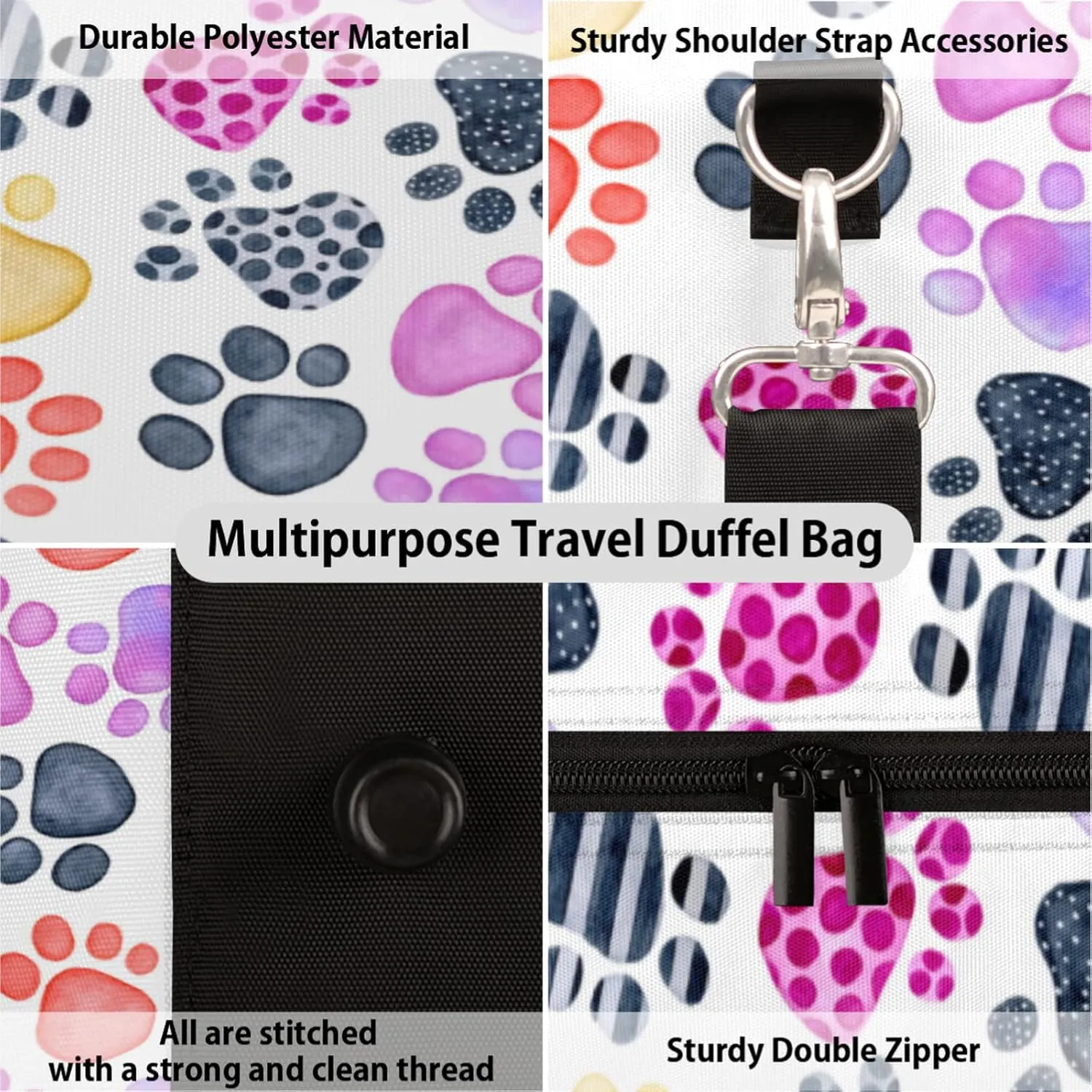 Travel Duffel With Cute Dog Paw Print - Sports Tote Gym Foldable Weekender Workout Carry-on Luggage Handle Overnight Shoulder Bag for Women Men
