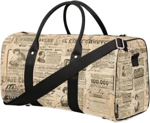 Travel Duffle Bag Abstract Newspaper Retro Sports Gym Bag for Women Men Gym Bag Weekender Overnight Bags Waterproof Carry On Tote Bag Workout Bag Dance Swimming Yoga Hospital Maternity Bag