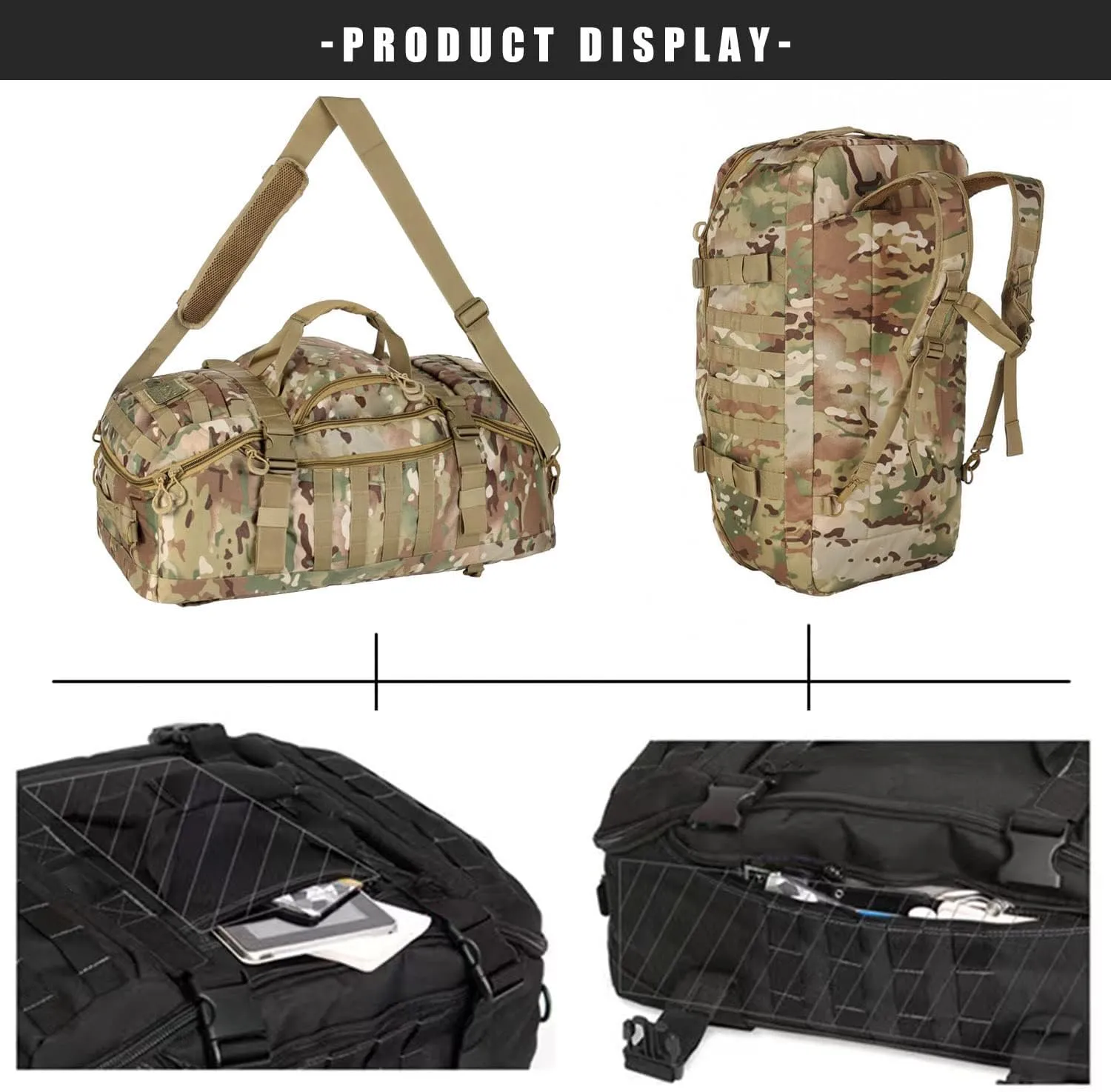 Travel Duffle Bag Backpack for Men - Large Tactical Bags Weekender Gym Bag for Overnight Traveling Military Workout Deployment Sports (Camo, 45L)