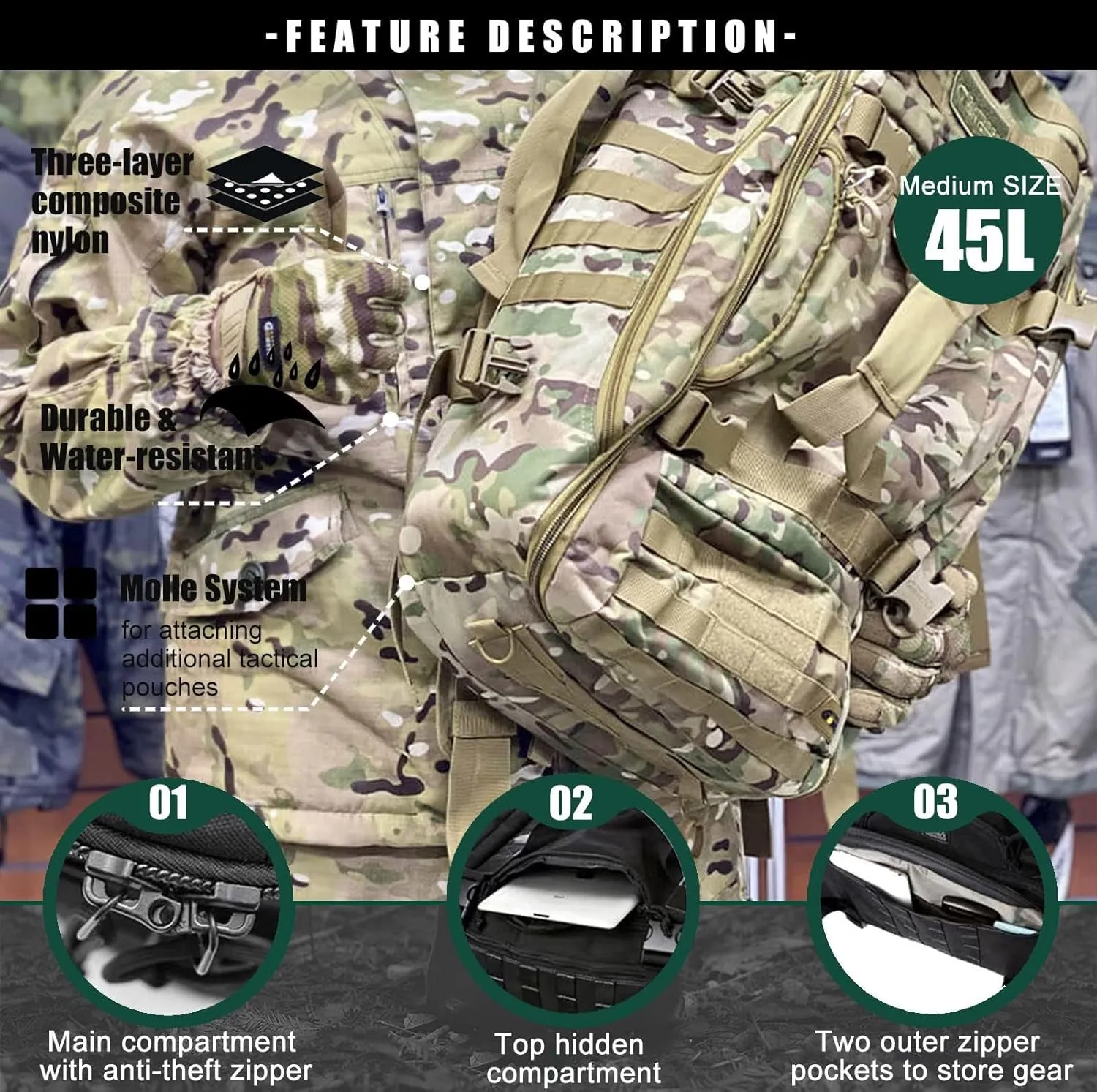 Travel Duffle Bag Backpack for Men - Large Tactical Bags Weekender Gym Bag for Overnight Traveling Military Workout Deployment Sports (Camo, 45L)