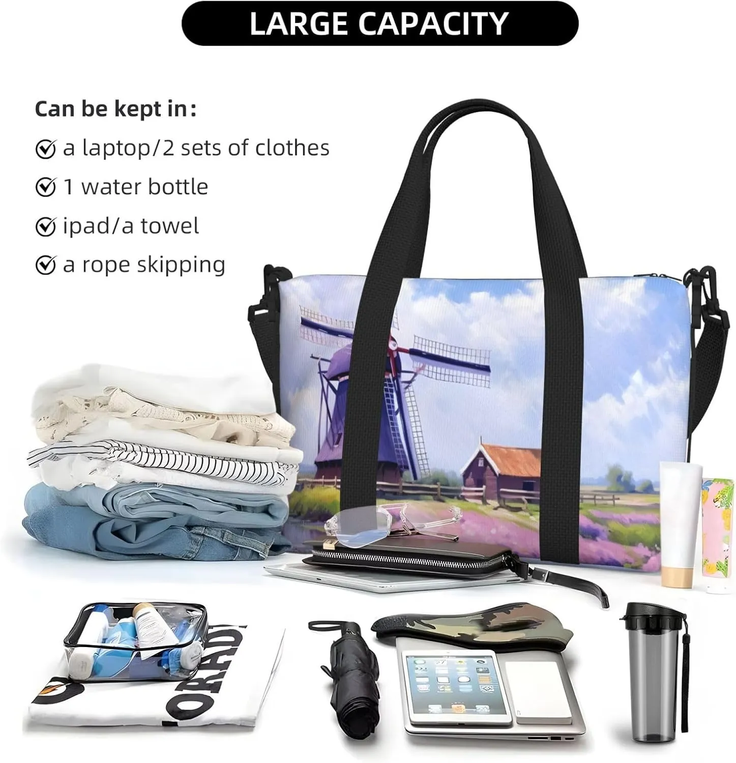 Travel Duffle Bag Farmhouse Lavender Weekender Overnight Bags Luggage Bag for Women Men Waterproof Sports Gym Bag Hand Bag with Shoulder Strap