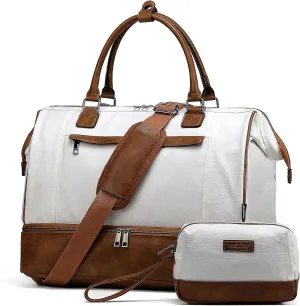 Travel Duffle Bag for Women,Vaschy 17'' Canvas Under Seat Carry On Weekender Overnight Duffel Tote Bag with Trolley sleeve/Shoe Compartment/Tolietry Bag Set for Travelling,Gym Beige