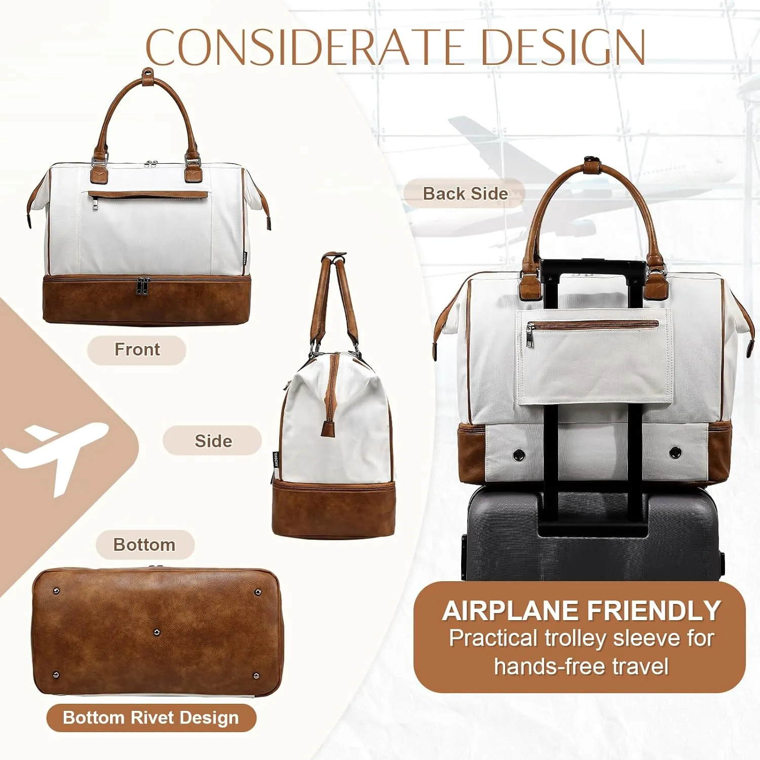 Travel Duffle Bag for Women,Vaschy 17'' Canvas Under Seat Carry On Weekender Overnight Duffel Tote Bag with Trolley sleeve/Shoe Compartment/Tolietry Bag Set for Travelling,Gym Beige
