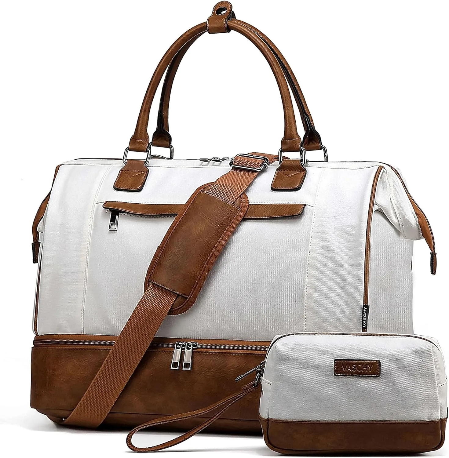Travel Duffle Bag for Women,Vaschy 17'' Canvas Under Seat Carry On Weekender Overnight Duffel Tote Bag with Trolley sleeve/Shoe Compartment/Tolietry Bag Set for Travelling,Gym Beige