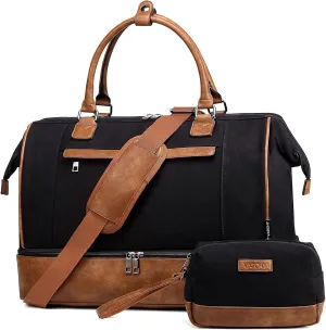 Travel Duffle Bag for Women,Vaschy 17'' Canvas Under Seat Carry On Weekender Overnight Duffel Tote Bag with Trolley sleeve/Shoe Compartment/Tolietry Bag Set for Travelling,Gym Black and Brown Leather
