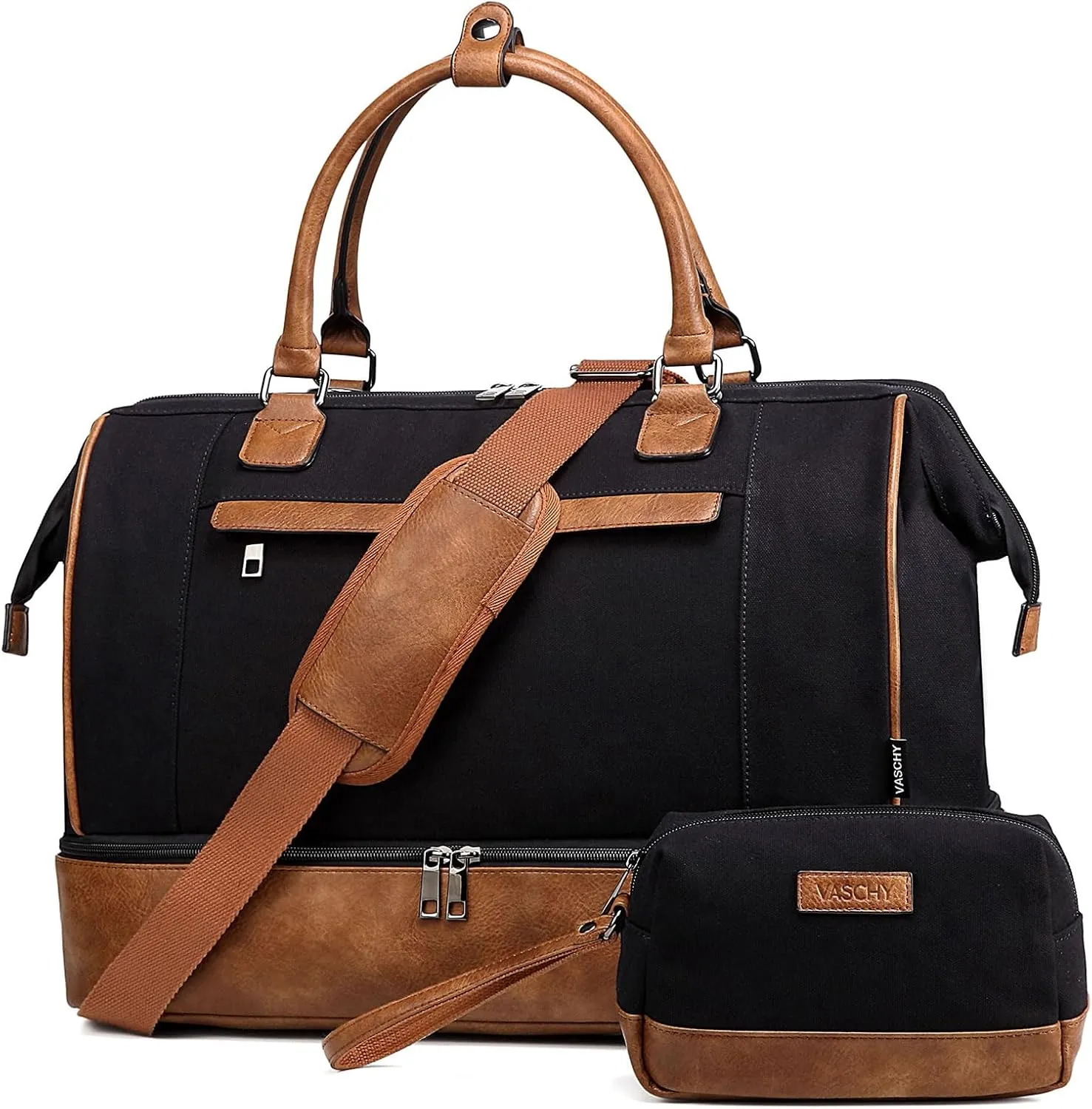 Travel Duffle Bag for Women,Vaschy 17'' Canvas Under Seat Carry On Weekender Overnight Duffel Tote Bag with Trolley sleeve/Shoe Compartment/Tolietry Bag Set for Travelling,Gym Black and Brown Leather