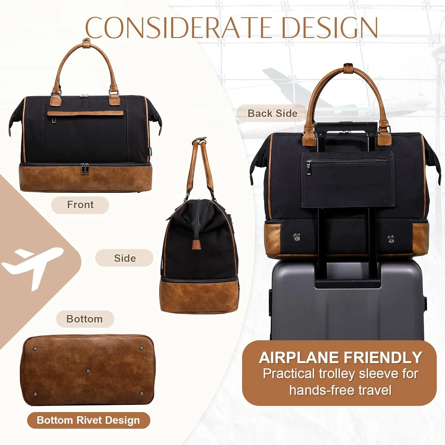 Travel Duffle Bag for Women,Vaschy 17'' Canvas Under Seat Carry On Weekender Overnight Duffel Tote Bag with Trolley sleeve/Shoe Compartment/Tolietry Bag Set for Travelling,Gym Black and Brown Leather