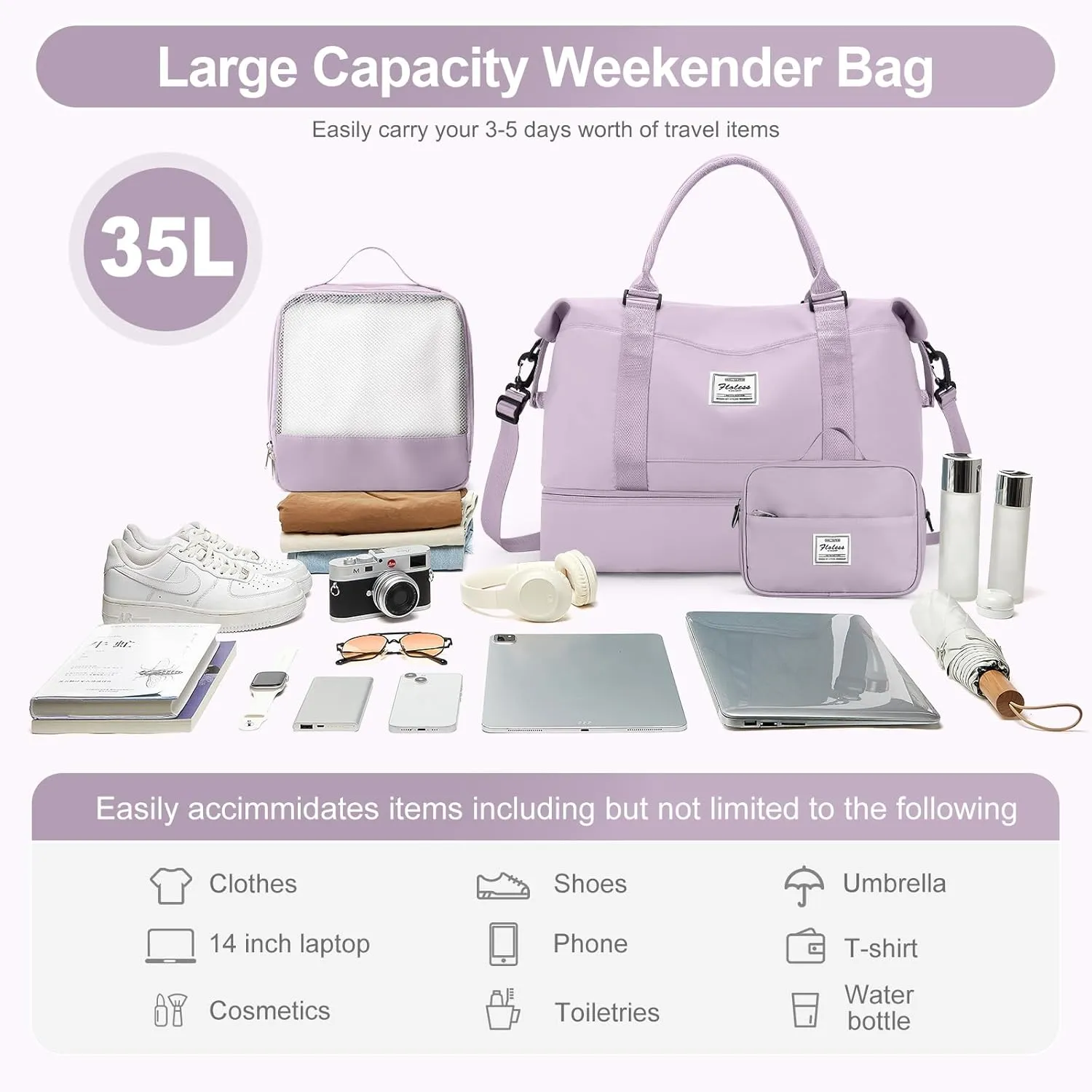Travel Duffle Bag for Women,Weekender Overnight Bag with Shoe Compartment,Carry on Personal Item Travel Bag,3 Pcs Set