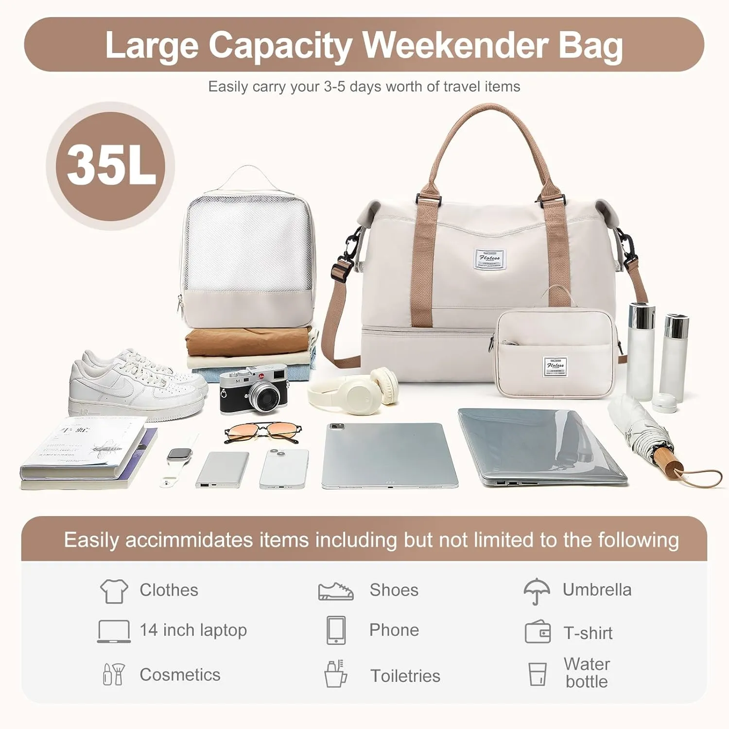 Travel Duffle Bag for Women,Weekender Overnight Bag with Shoe Compartment,Carry on Personal Item Travel Bag,3 Pcs Set