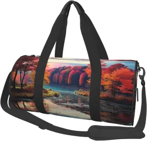 Travel Duffle Bag Lightweight Sports Gym Bag for Men Women Foldable Carry On Weekender Overnight Bag Colorful Trees Lake River Pond Canvas Sport Duffel Bag for Yoga Business Trip, Black, One Size