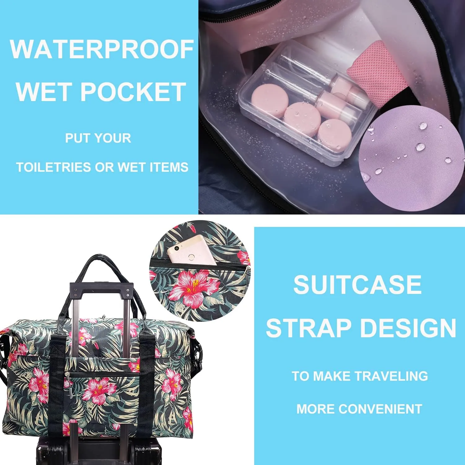 Travel Duffle Bag, Waterproof Sport Tote Gym Bag for Women Men, Overnight Weekender Carry On Bag with Wet Pocket