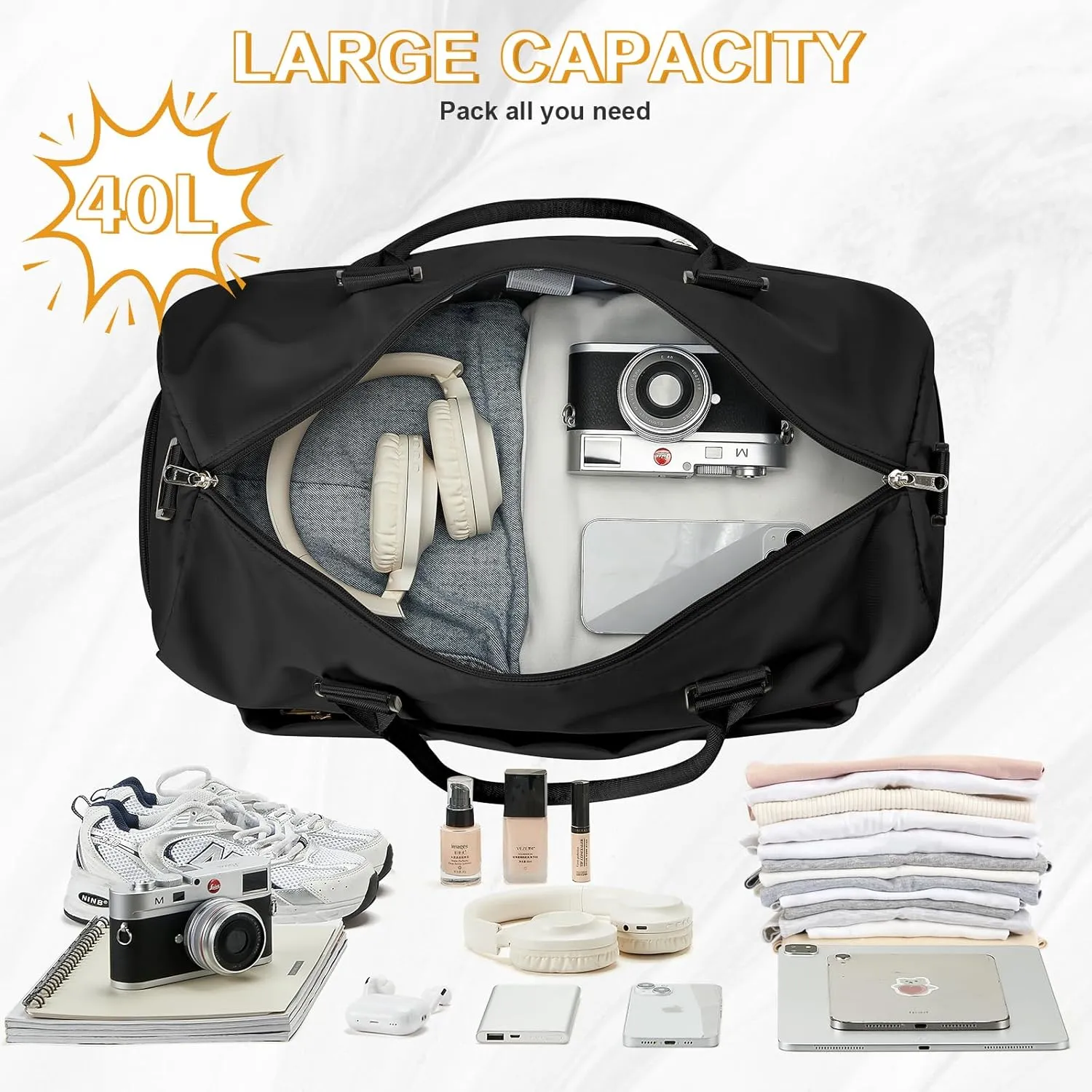 Travel Duffle Bag, Weekender Bag Women Mens Sports Gym Bag with Shoes Compartment and Wet Pocket, Travel Bag for Airplane Waterproof Overnight Bag Carry On Tote Bags Hospital Holdalls Luggage