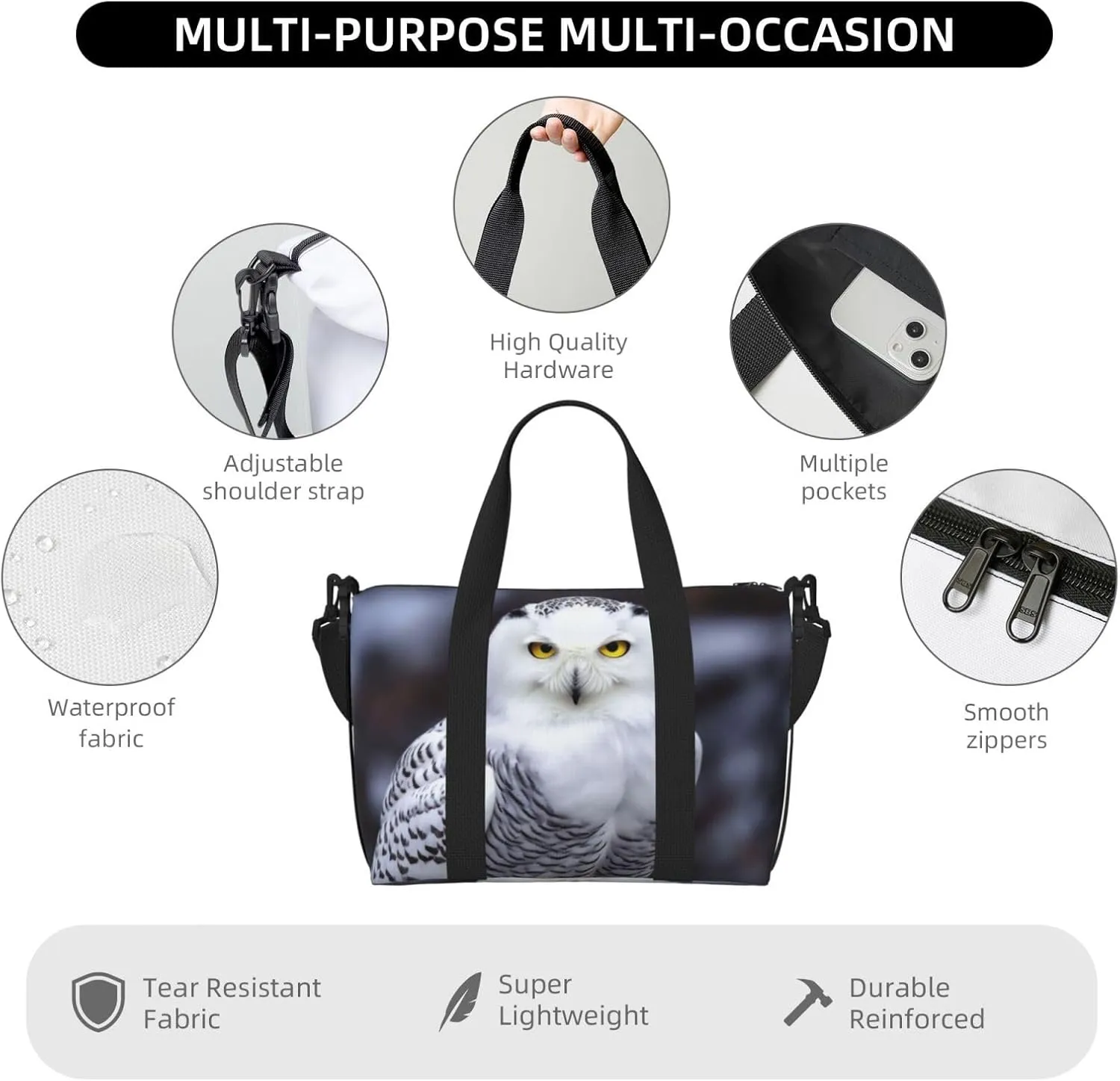 Travel Duffle Bag Weekender Bags for Men Women Adjustable Large Capacity Weekender Overnight Bag Carry On Tote Bags Waterproof Sport Gym Bag for Travel Yoga, Arctic Owl, One Size