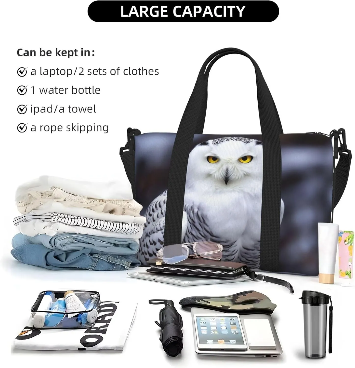 Travel Duffle Bag Weekender Bags for Men Women Adjustable Large Capacity Weekender Overnight Bag Carry On Tote Bags Waterproof Sport Gym Bag for Travel Yoga, Arctic Owl, One Size