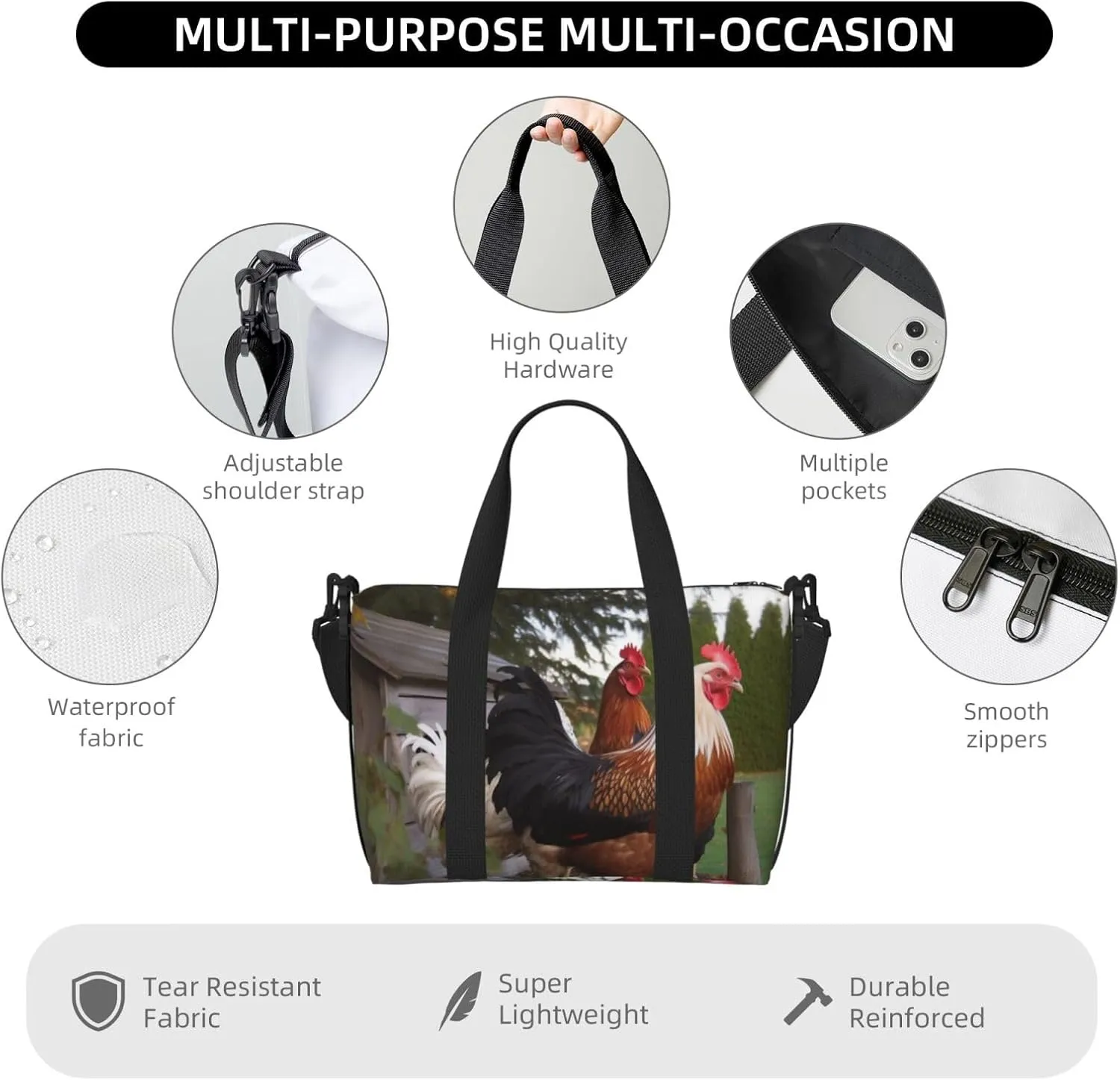Travel Duffle Bag Weekender Bags for Men Women Adjustable Large Capacity Weekender Overnight Bag Carry On Tote Bags Waterproof Sport Gym Bag for Travel Yoga, Backyard Chickens, One Size