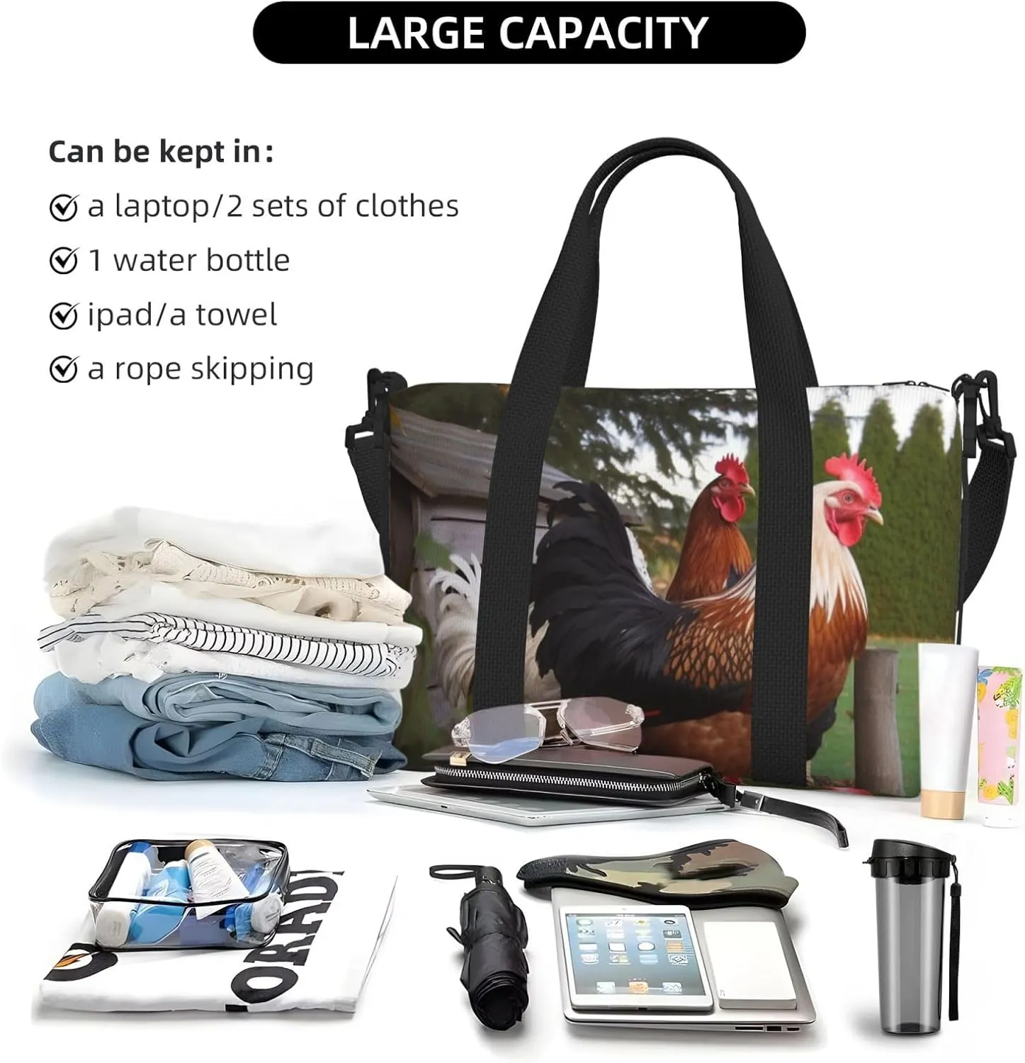 Travel Duffle Bag Weekender Bags for Men Women Adjustable Large Capacity Weekender Overnight Bag Carry On Tote Bags Waterproof Sport Gym Bag for Travel Yoga, Backyard Chickens, One Size