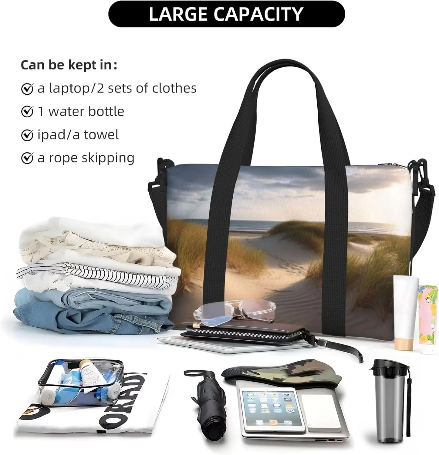 Travel Duffle Bag Weekender Bags for Men Women Adjustable Large Capacity Weekender Overnight Bag Carry On Tote Bags Waterproof Sport Gym Bag for Travel Yoga, Beach Dunes, One Size