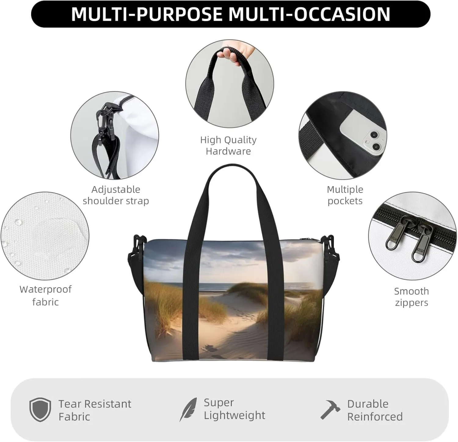 Travel Duffle Bag Weekender Bags for Men Women Adjustable Large Capacity Weekender Overnight Bag Carry On Tote Bags Waterproof Sport Gym Bag for Travel Yoga, Beach Dunes, One Size
