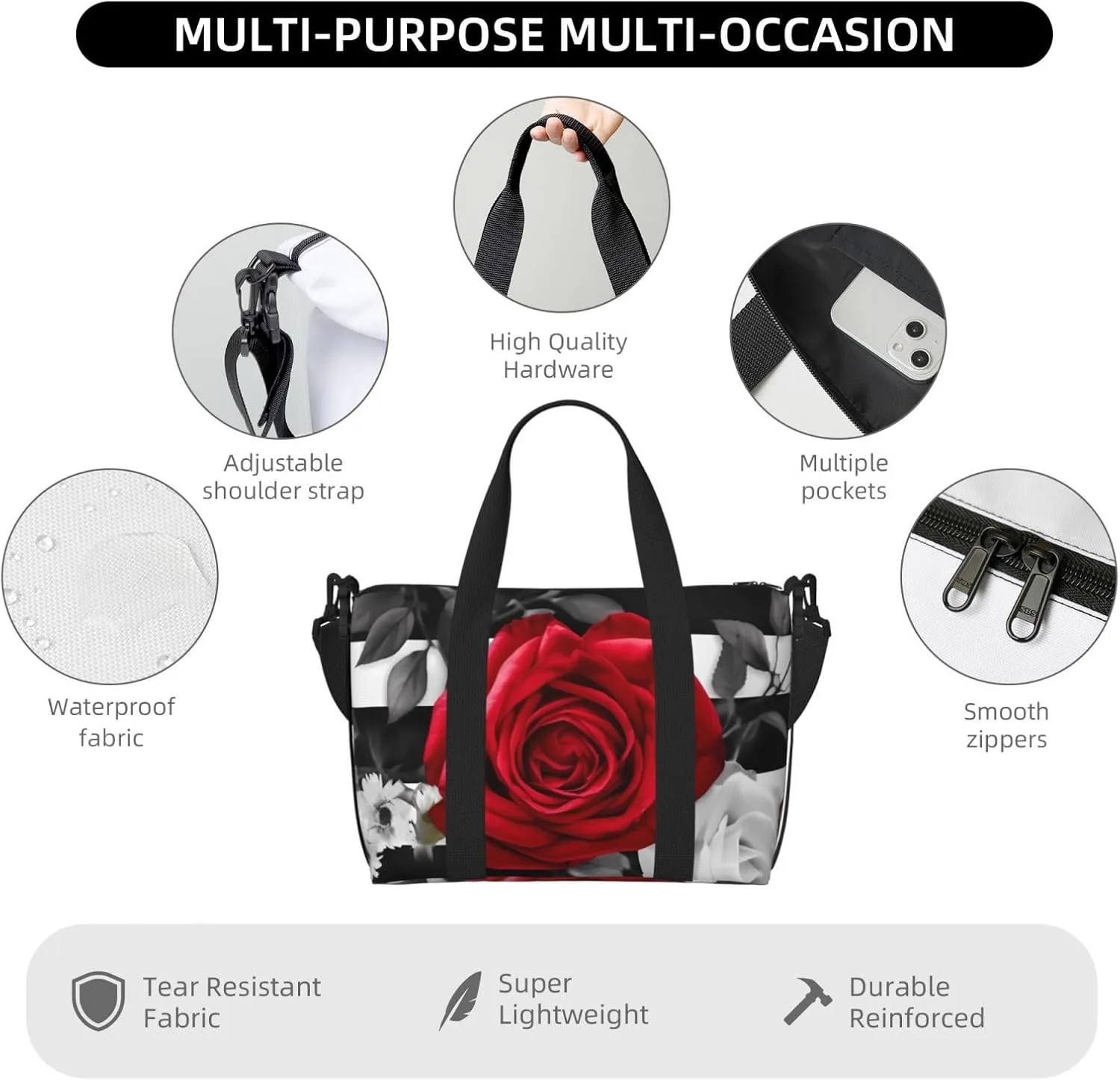 Travel Duffle Bag Weekender Bags for Men Women Adjustable Large Capacity Weekender Overnight Bag Carry On Tote Bags Waterproof Sport Gym Bag for Travel Yoga, Black White Stripes Red Rose Flowers, One