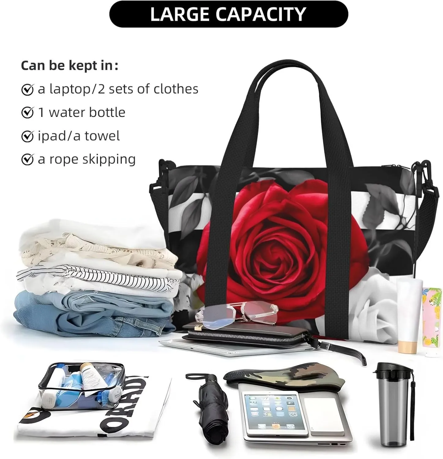 Travel Duffle Bag Weekender Bags for Men Women Adjustable Large Capacity Weekender Overnight Bag Carry On Tote Bags Waterproof Sport Gym Bag for Travel Yoga, Black White Stripes Red Rose Flowers, One