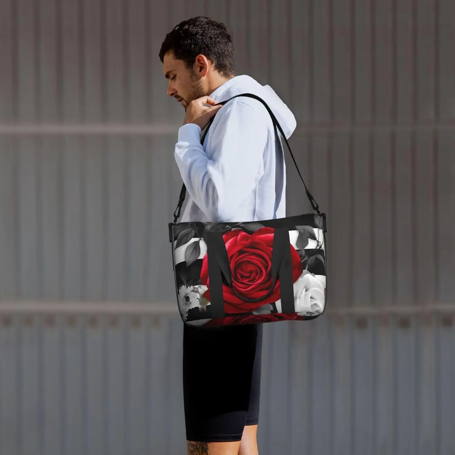 Travel Duffle Bag Weekender Bags for Men Women Adjustable Large Capacity Weekender Overnight Bag Carry On Tote Bags Waterproof Sport Gym Bag for Travel Yoga, Black White Stripes Red Rose Flowers, One