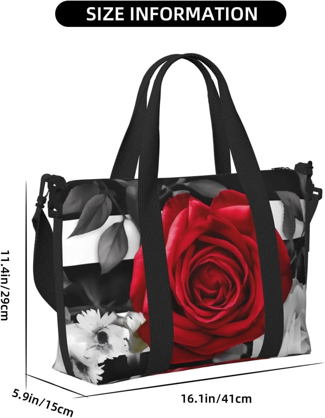 Travel Duffle Bag Weekender Bags for Men Women Adjustable Large Capacity Weekender Overnight Bag Carry On Tote Bags Waterproof Sport Gym Bag for Travel Yoga, Black White Stripes Red Rose Flowers, One