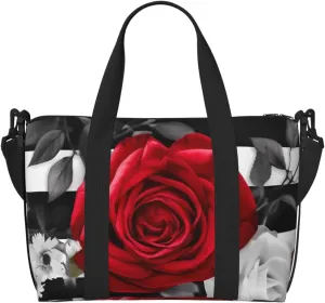 Travel Duffle Bag Weekender Bags for Men Women Adjustable Large Capacity Weekender Overnight Bag Carry On Tote Bags Waterproof Sport Gym Bag for Travel Yoga, Black White Stripes Red Rose Flowers, One