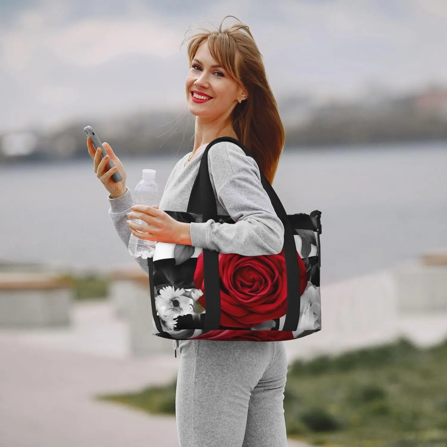 Travel Duffle Bag Weekender Bags for Men Women Adjustable Large Capacity Weekender Overnight Bag Carry On Tote Bags Waterproof Sport Gym Bag for Travel Yoga, Black White Stripes Red Rose Flowers, One